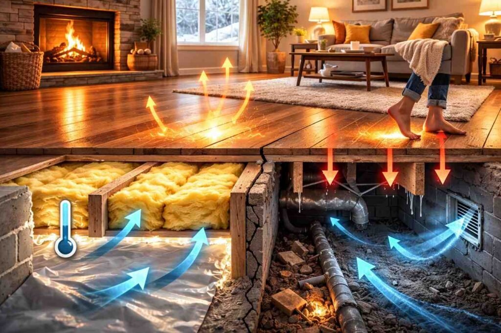 The most common reason for cold floors is inadequate insulation